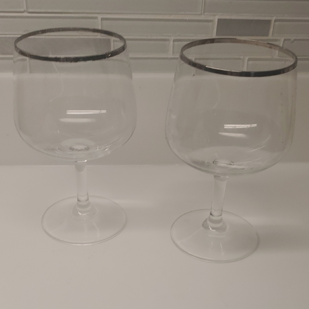 Set Of 2 Silver Trimmed Wine Glasses.